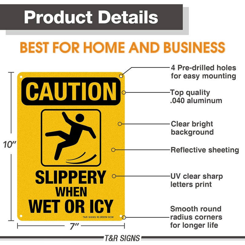 TR Slippery When Wet Or ICY Sign, Caution Sign, 4 Pack, 10" x 7" Rust Free .040 Aluminum, UV Protected, Waterproof, Weatherproof and Fade Resistant, 4 Pre-drilled Holes - Image 3